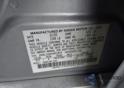 2005 Nissan Altima 2.5 S из США, поврежденный, VIN 1N4AL11DX5N915859